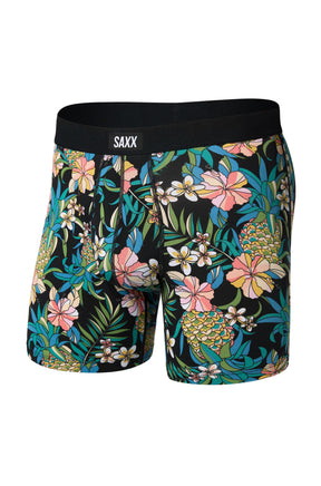 Vue avant isolée du sous-vêtement noir à imprimé tropical avec ceinture logo SAXX pour homme