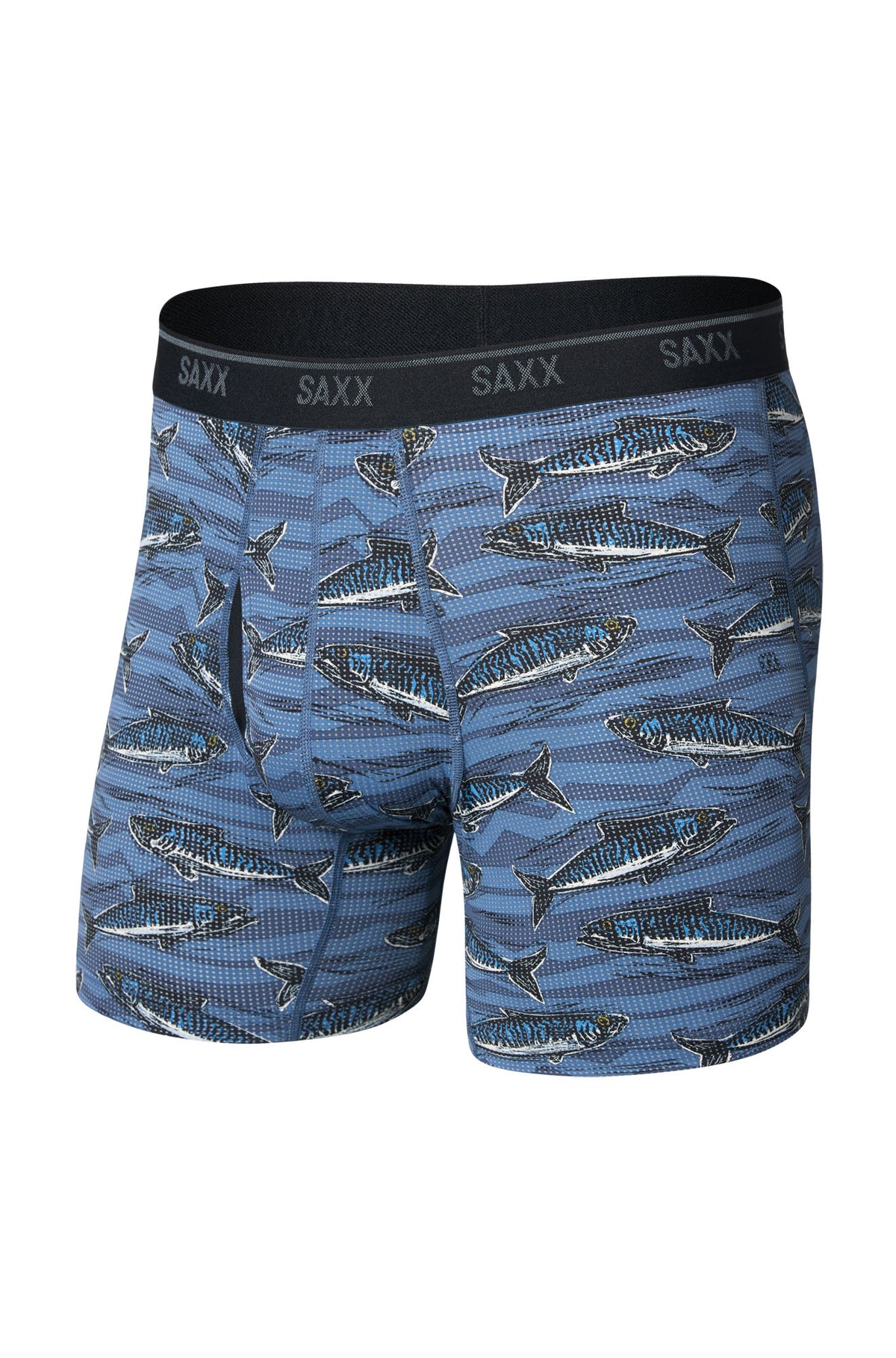 Vue avant isolée du sous-vêtement bleu à imprimé de poissons, poche profilée et ceinture noire SAXX pour homme