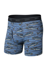 Vue avant isolée du sous-vêtement bleu à imprimé de poissons, poche profilée et ceinture noire SAXX pour homme