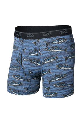 Vue avant isolée du sous-vêtement bleu à imprimé de poissons, poche profilée et ceinture noire SAXX pour homme