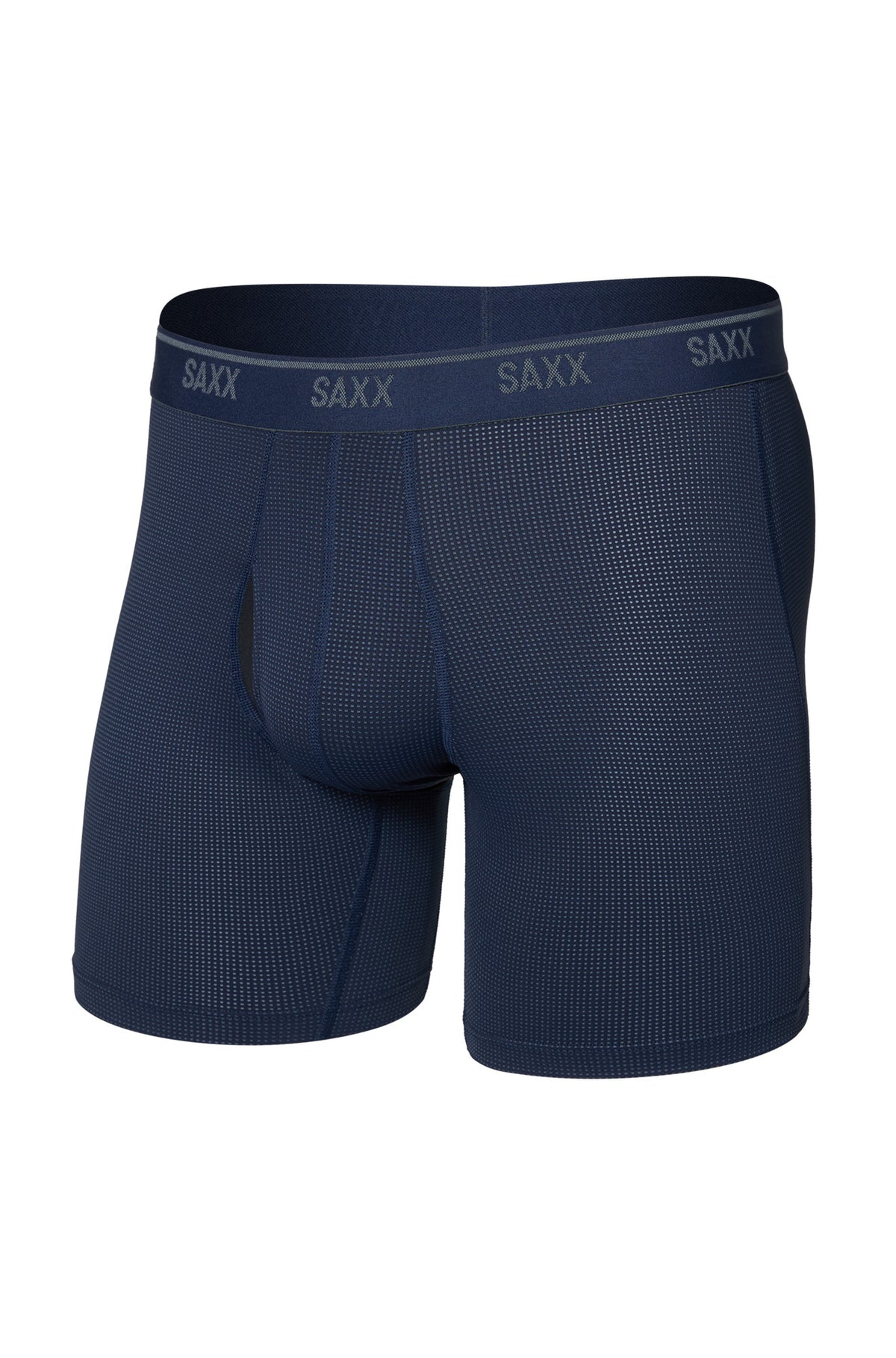 Vue avant d’un sous-vêtement boxer long bleu marine à micro-motif, ceinture élastique avec logos SAXX pour homme