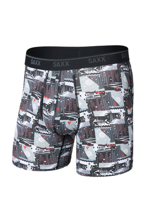 Men's gray graphic boxer underwear with contoured pouch and black SAXX waistband, isolated front view