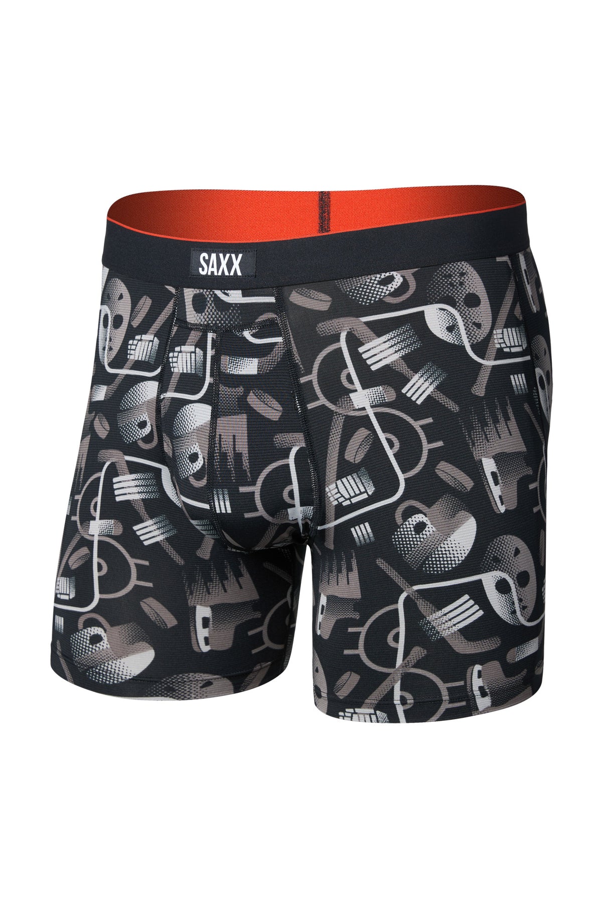 Vue avant isolée d’un sous-vêtement noir imprimé avec intérieur rouge orangé et taille SAXX pour homme