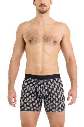 Sur mannequin de face, le sous-vêtement noir et gris à oiseaux avec taille élastique noire pour homme par Saxx