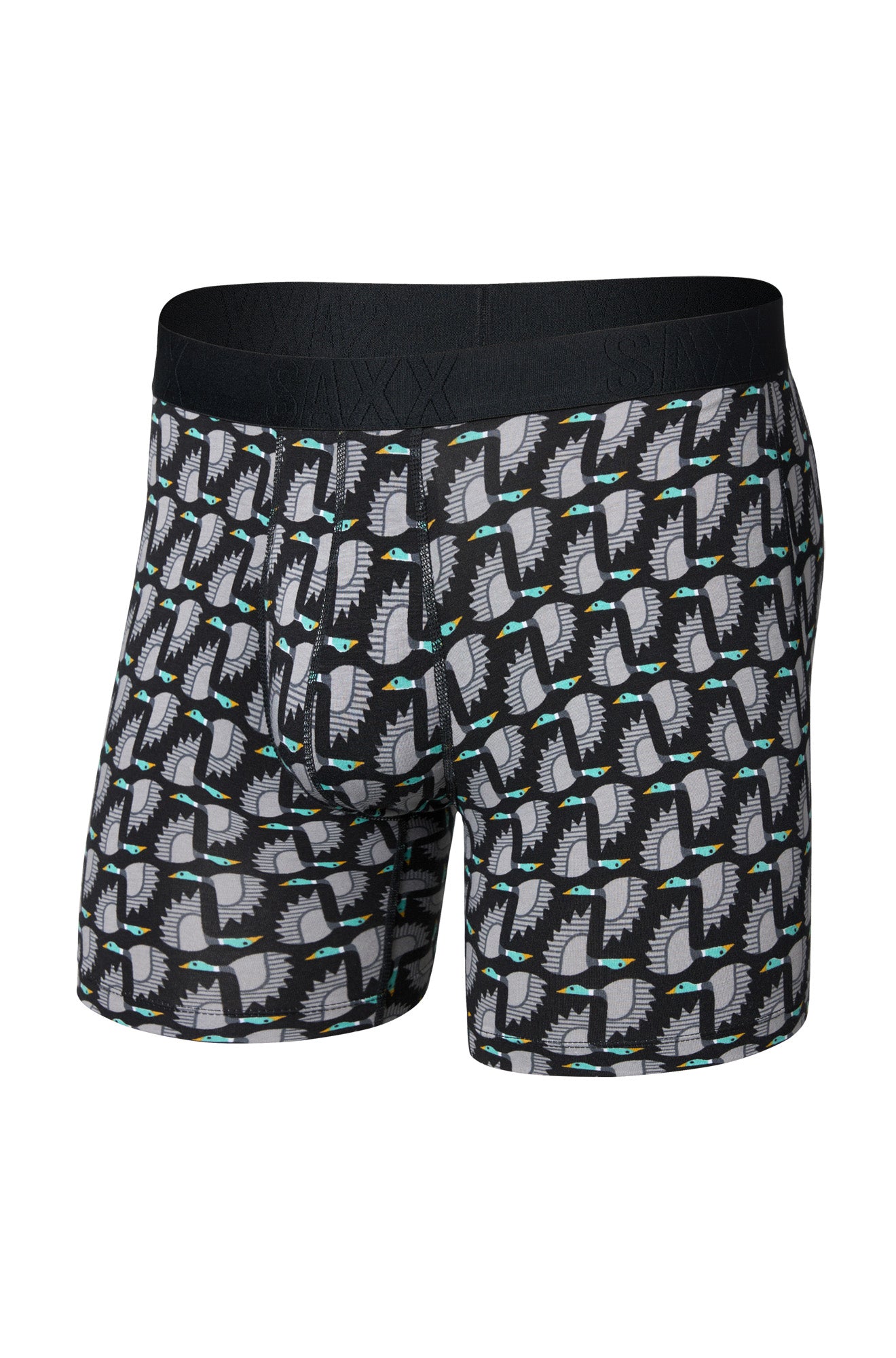Vue de face du sous-vêtement noir et gris à imprimé d’oiseaux avec taille noire SAXX pour homme