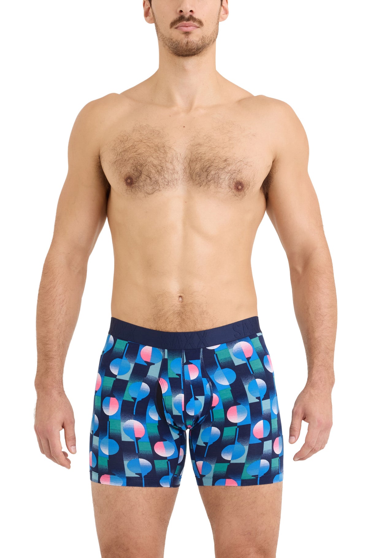 Men's navy printed boxer underwear with fitted legs and wide tonal SAXX waistband shown from the front