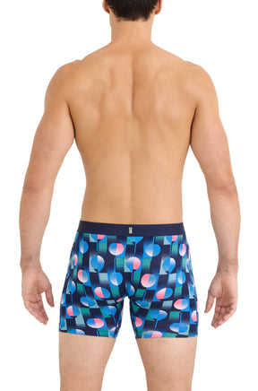Men's navy printed boxer underwear with small back label and tonal SAXX waistband shown from the back