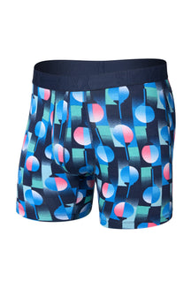 Men's navy printed boxer underwear with pouch seams and tonal SAXX waistband shown from the front