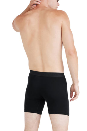 Vue de dos sur modèle d’un sous-vêtement noir avec jambes mi-cuisse et large taille élastique pour homme par Saxx