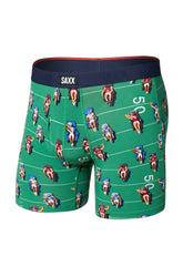 Vue de face du sous-vêtement vert à motif football avec logo et taille marine pour homme par Saxx