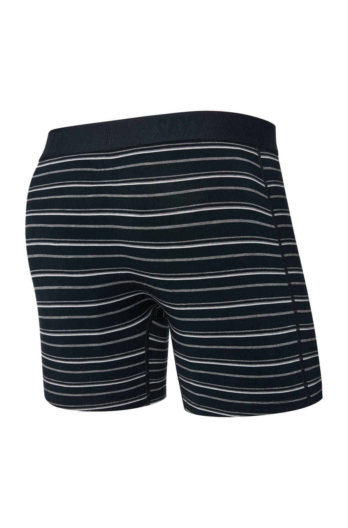 Saxx men's black striped boxer underwear with black elastic waistband and rear seam, isolated back view