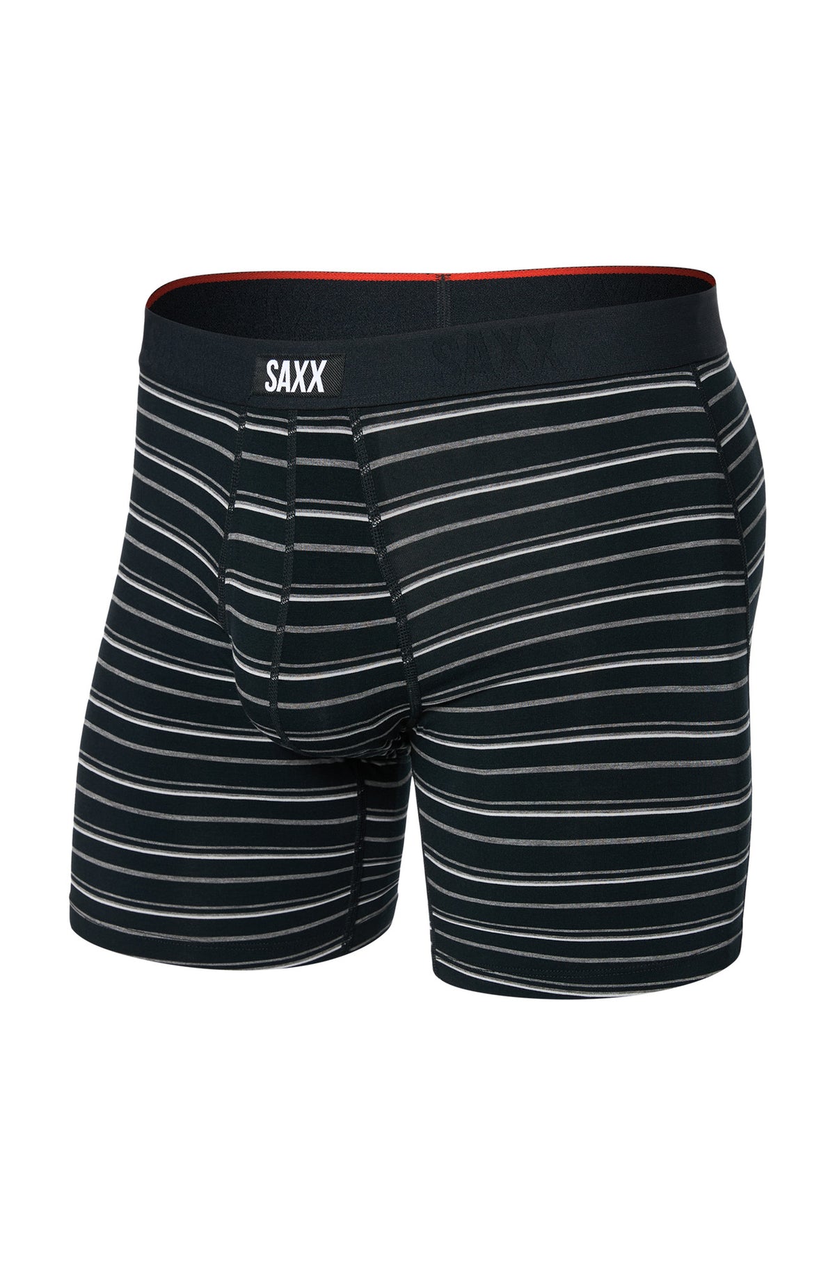 Saxx men's black striped boxer underwear with SAXX waistband label and contoured pouch, isolated front view