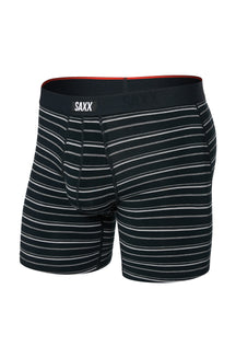 Saxx men's black striped boxer underwear with SAXX waistband label and contoured pouch, isolated front view