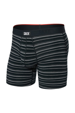 Saxx men's black striped boxer underwear with SAXX waistband label and contoured pouch, isolated front view