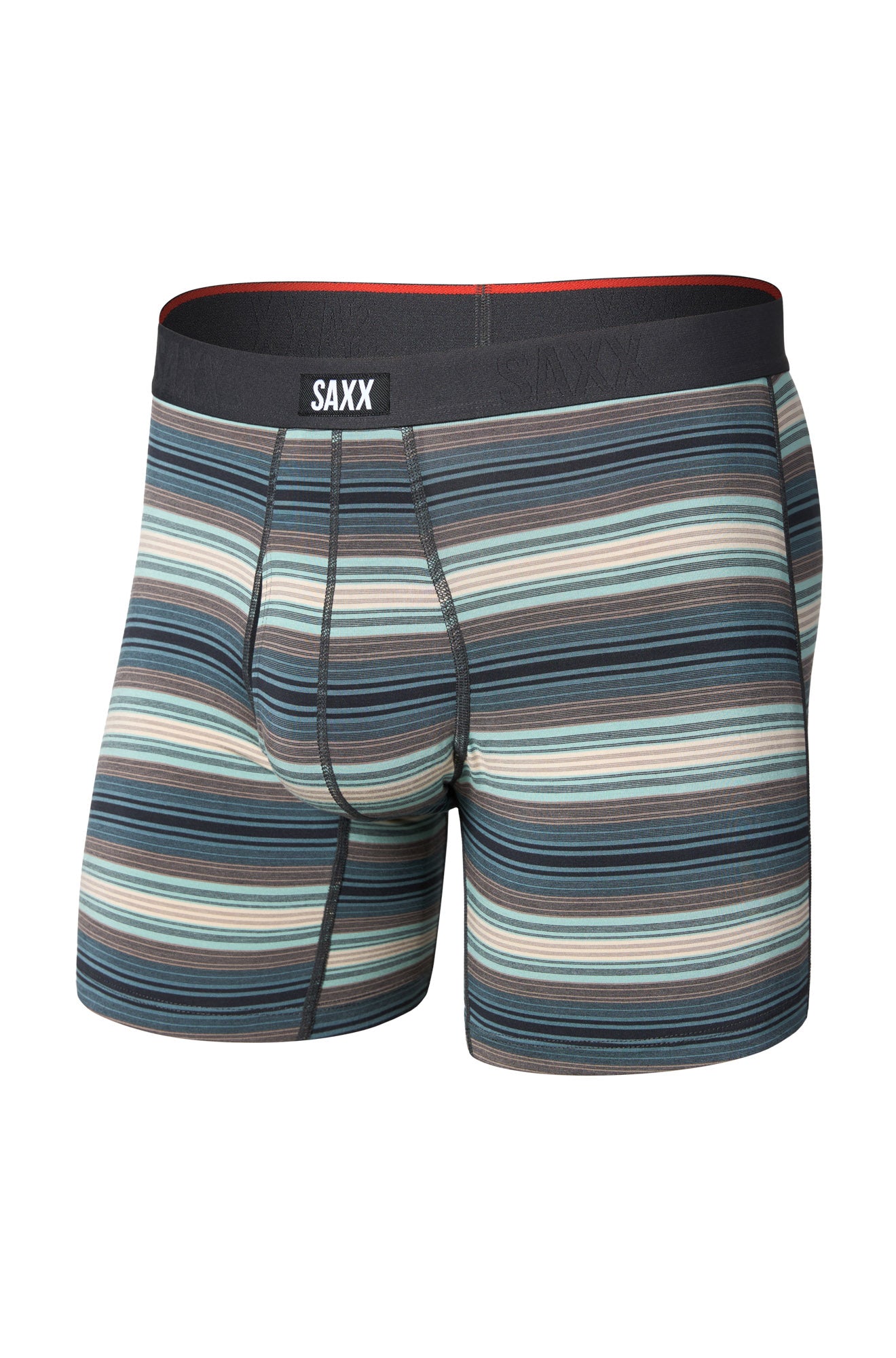 Saxx men's striped teal boxer boxer brief underwear with pouch seams and black logo waistband shown from the front