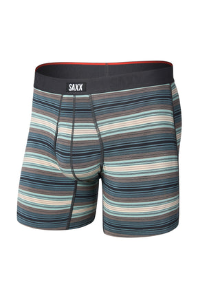 Saxx men's striped teal boxer boxer brief underwear with pouch seams and black logo waistband shown from the front