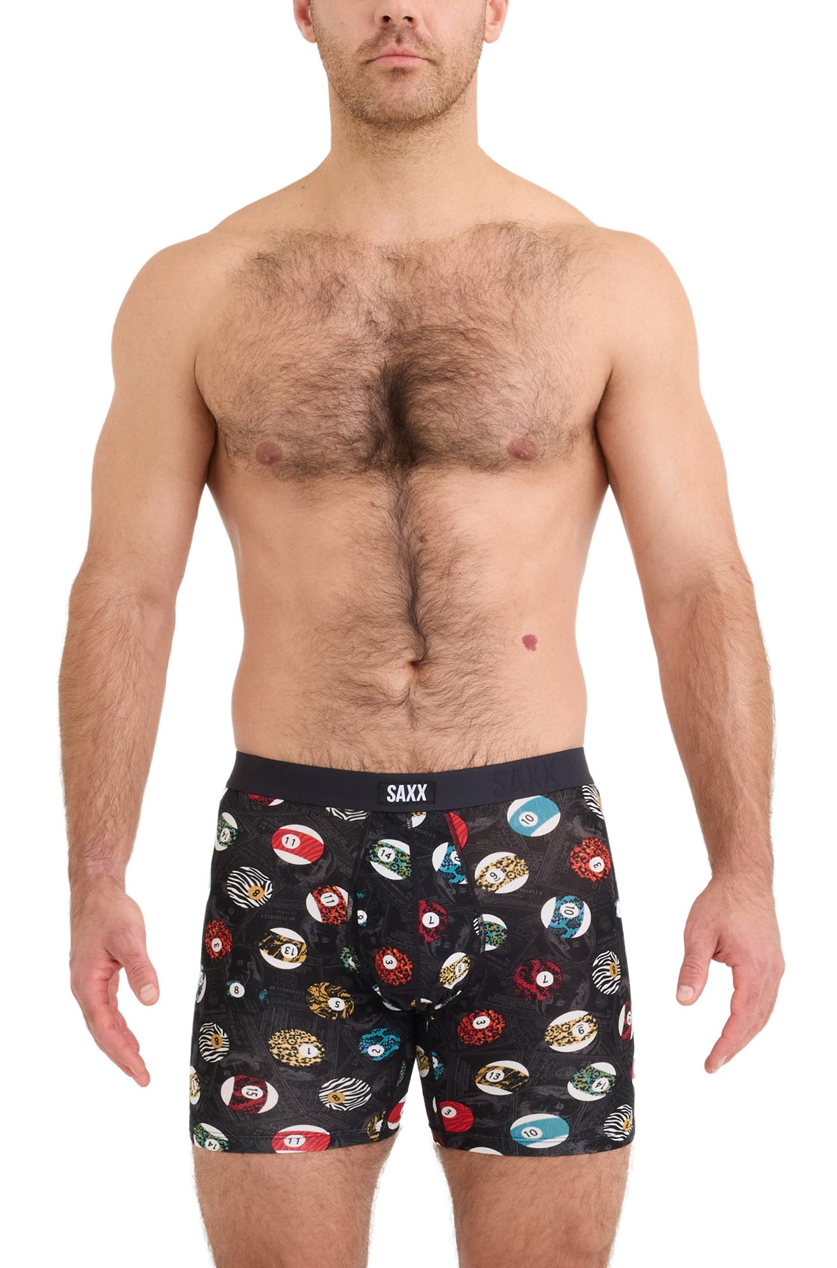 Vue avant sur modèle du sous-vêtement noir avec imprimé de boules numérotées colorées et taille SAXX pour homme