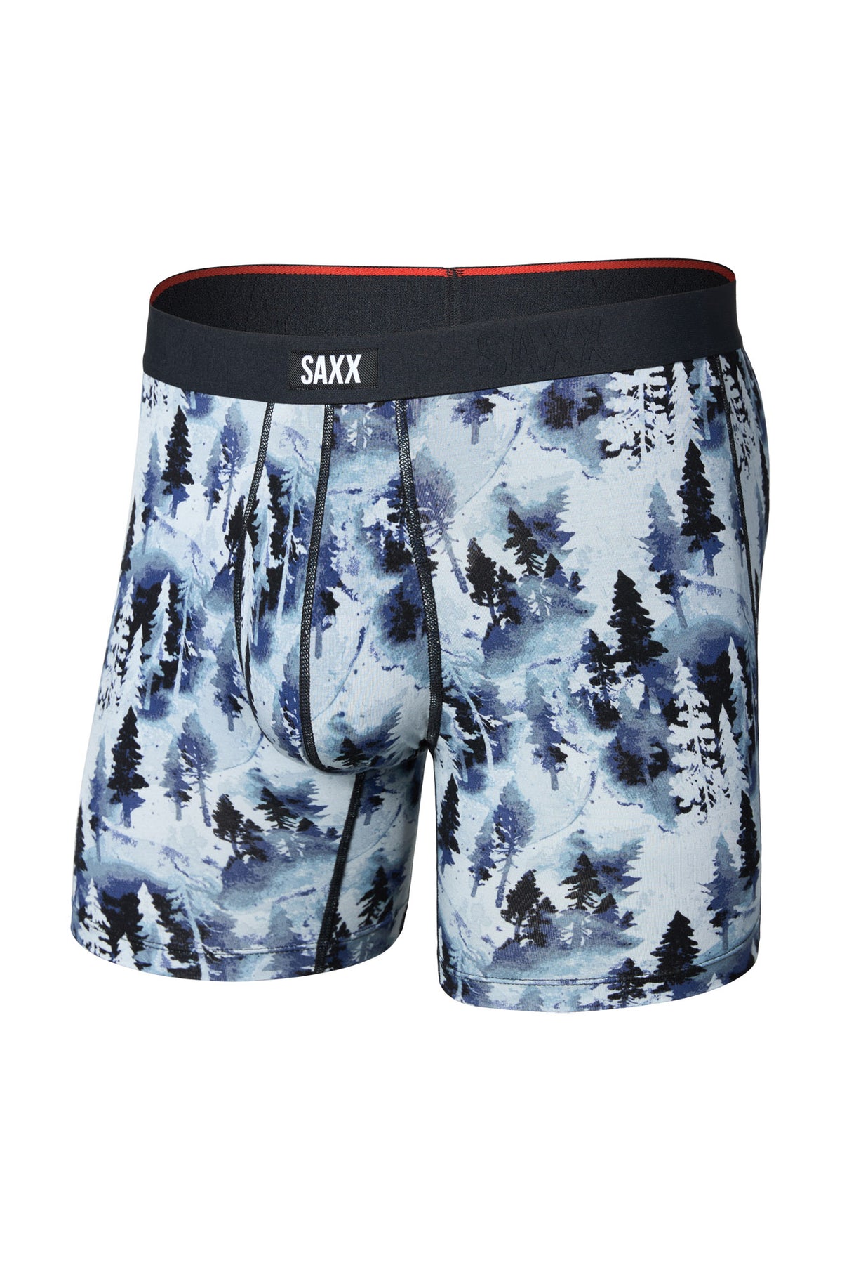 Vue avant du sous-vêtement ajusté bleu pâle à imprimé forêt avec taille noire SAXX pour homme