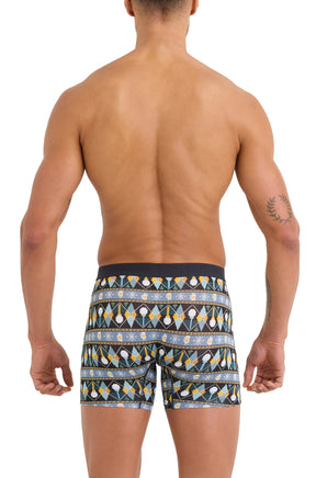 Saxx men's black patterned boxer winter boxer briefs with long legs and wide elastic waistband, back model view
