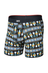 Men's black patterned boxer winter boxer briefs with contoured pouch and SAXX waistband, front product view