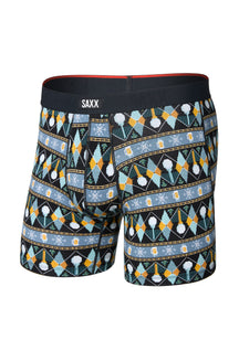 Men's black patterned boxer winter boxer briefs with contoured pouch and SAXX waistband, front product view