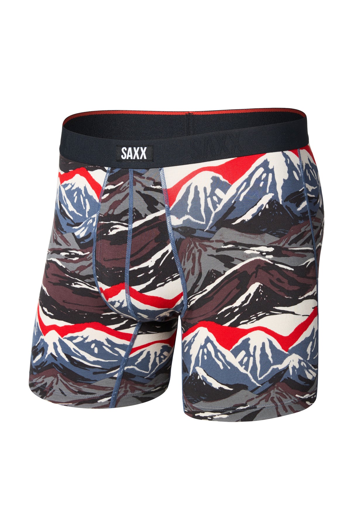 Vue de face du sous-vêtement imprimé montagnes avec coutures bleues et ceinture noire SAXX pour homme