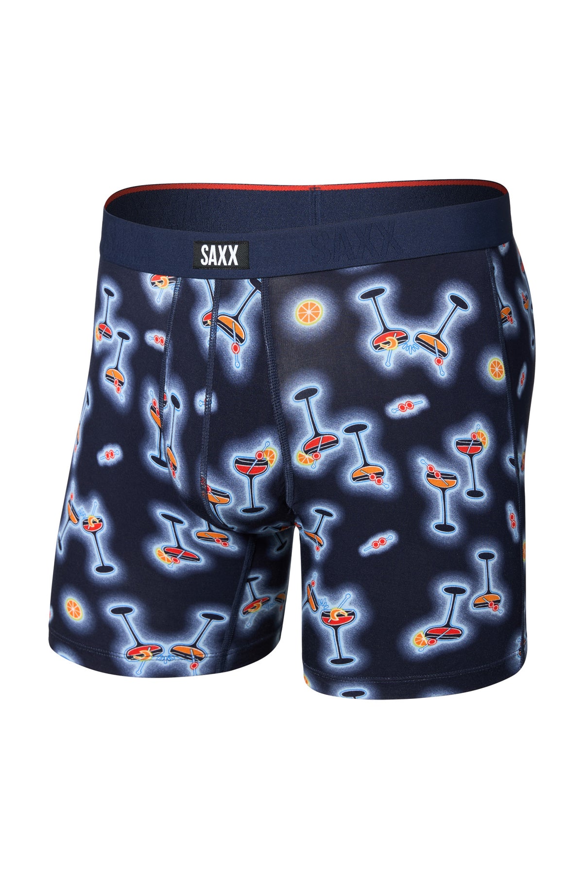 Sous-vêtement ajusté bleu marine à imprimé cocktails avec taille élastique SAXX pour homme, vue de face