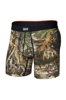 Vue isolée de face d’un sous-vêtement camouflage brun avec coutures de poche et taille noire SAXX pour homme