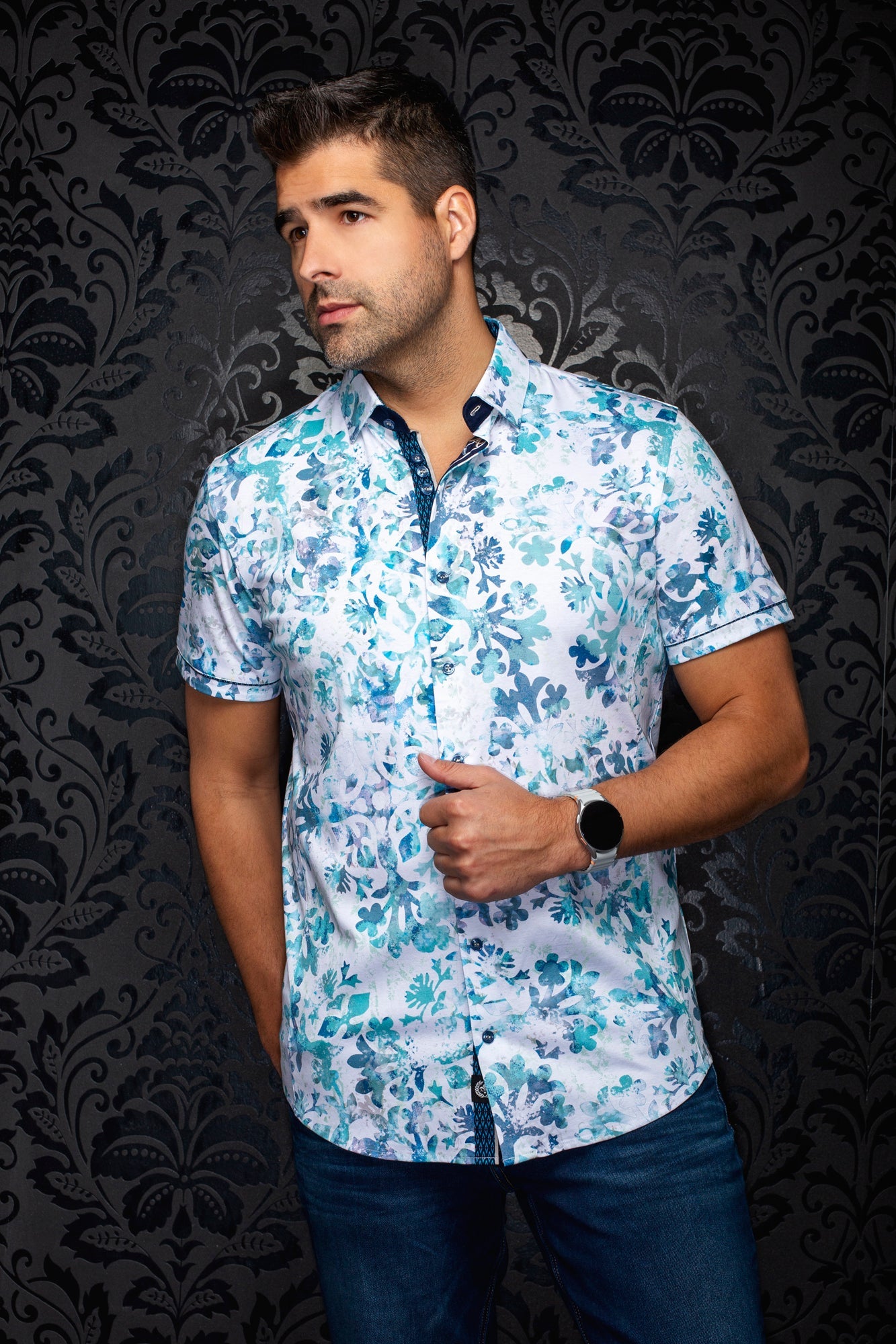 Chemise manches courtes en Knit extensible pour homme par Au Noir | TAVIRA (SS) Turquoise | Machemise.ca, inventaire complet de la marque Au Noir