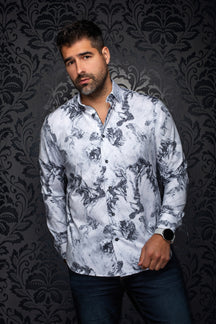 Chemise blanche à imprimé marbré noir et gris, vue de face sur modèle, boutons noirs visibles pour homme par Au Noir