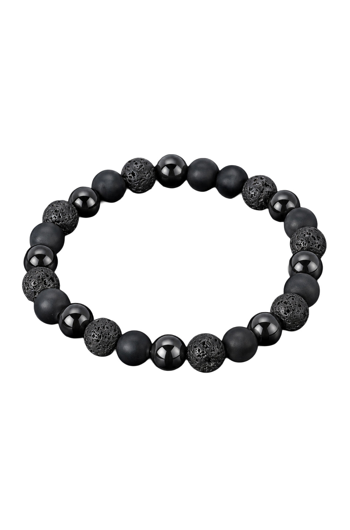 Bracelet noir à billes rondes mates, lustrées et texturées poreuses sur fond blanc, vue produit pour homme par Au Noir