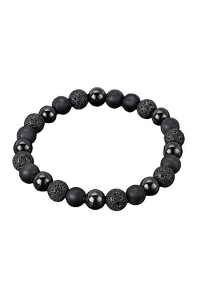 Bracelet noir à billes rondes mates, lustrées et texturées poreuses sur fond blanc, vue produit pour homme par Au Noir
