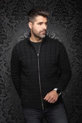 Au Noir men's black cable-knit zip merino sweater with ribbed stand collar, cuffs, and hem, front model view