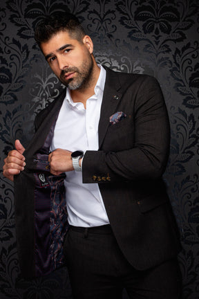 Men's angled view of dark brown blazer opened to show navy and burgundy patterned lining and label, detail view by Au Noir