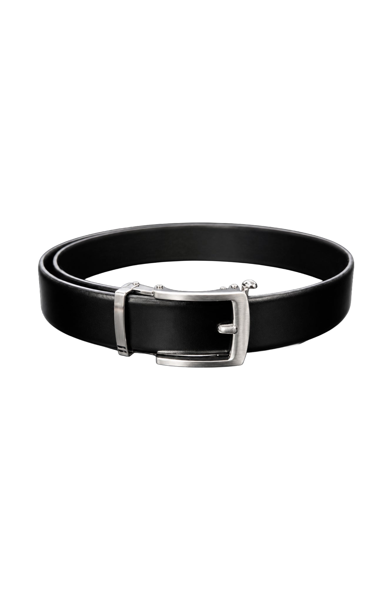 Ceinture noire vue en boucle avec boucle rectangulaire argentée, vue produit pour homme par Au Noir