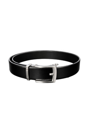 Ceinture noire vue en boucle avec boucle rectangulaire argentée, vue produit pour homme par Au Noir