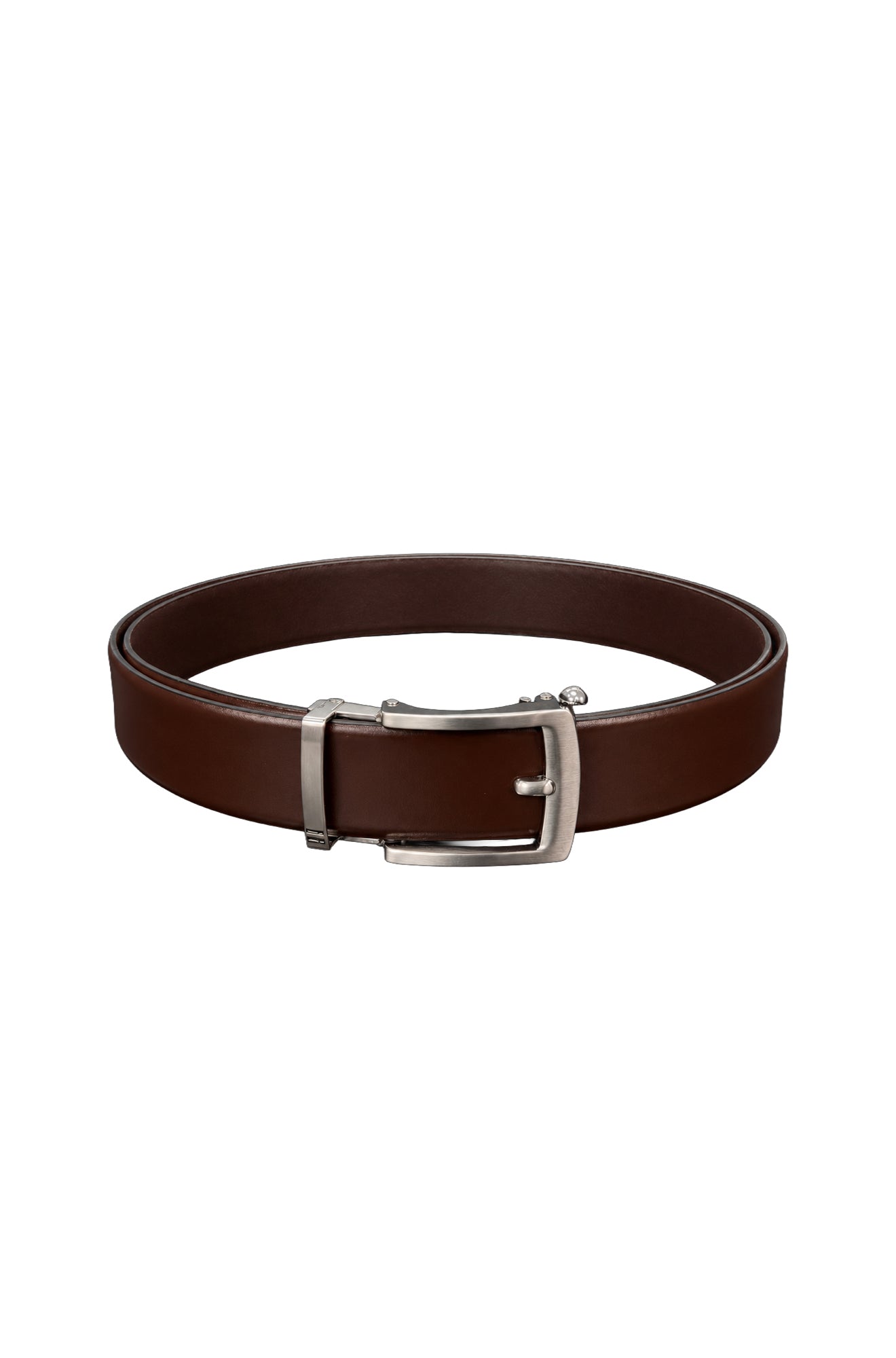 Ceinture brune d’aspect cuir en ovale avec boucle rectangulaire argentée, vue produit pour homme par Au Noir