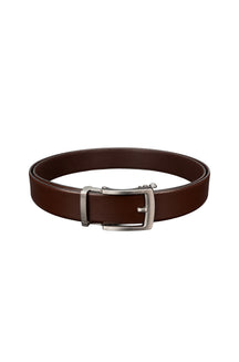 Ceinture brune d’aspect cuir en ovale avec boucle rectangulaire argentée, vue produit pour homme par Au Noir