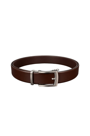 Ceinture brune d’aspect cuir en ovale avec boucle rectangulaire argentée, vue produit pour homme par Au Noir
