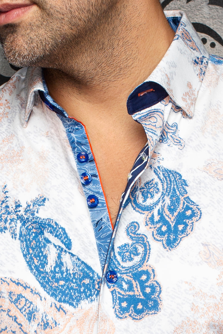 Chemise manches courtes en coton extensible pour homme par Au Noir | WATERFORD (SS) Blanc Orange | Machemise.ca, inventaire complet de la marque Au Noir