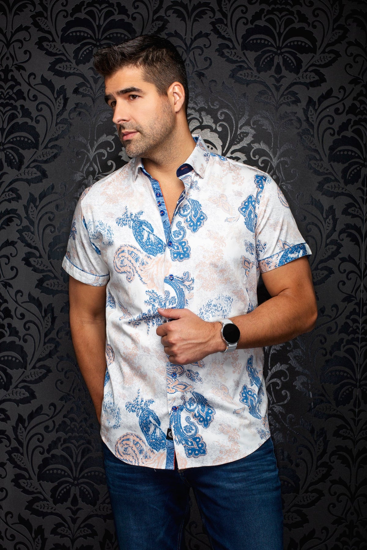 Chemise manches courtes en coton extensible pour homme par Au Noir | WATERFORD (SS) Blanc Orange | Machemise.ca, inventaire complet de la marque Au Noir