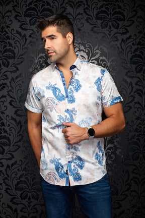 Chemise manches courtes en coton extensible pour homme par Au Noir | WATERFORD (SS) Blanc Orange | Machemise.ca, inventaire complet de la marque Au Noir