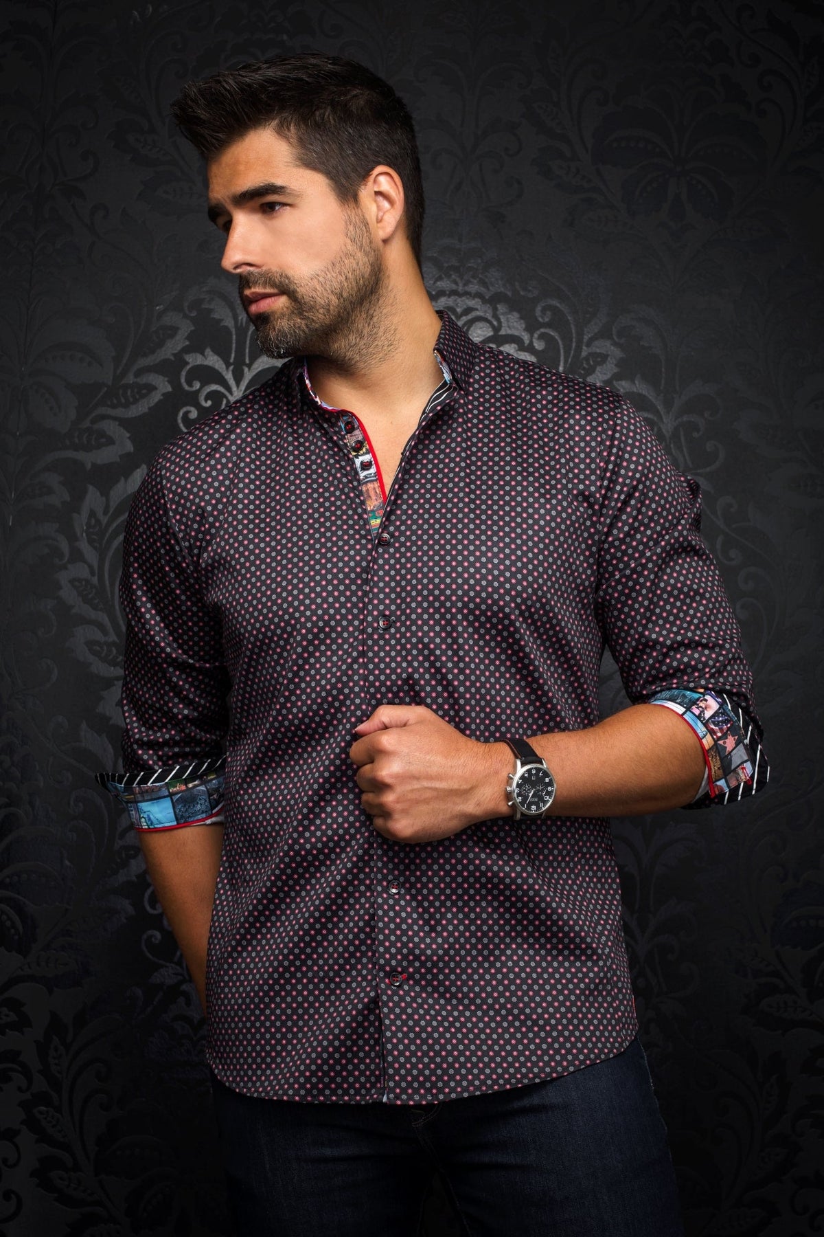 Chemise manches longues pour homme par Au Noir | BRADFORD Rouge Noir/black red | Machemise.ca, inventaire complet de la marque Au Noir