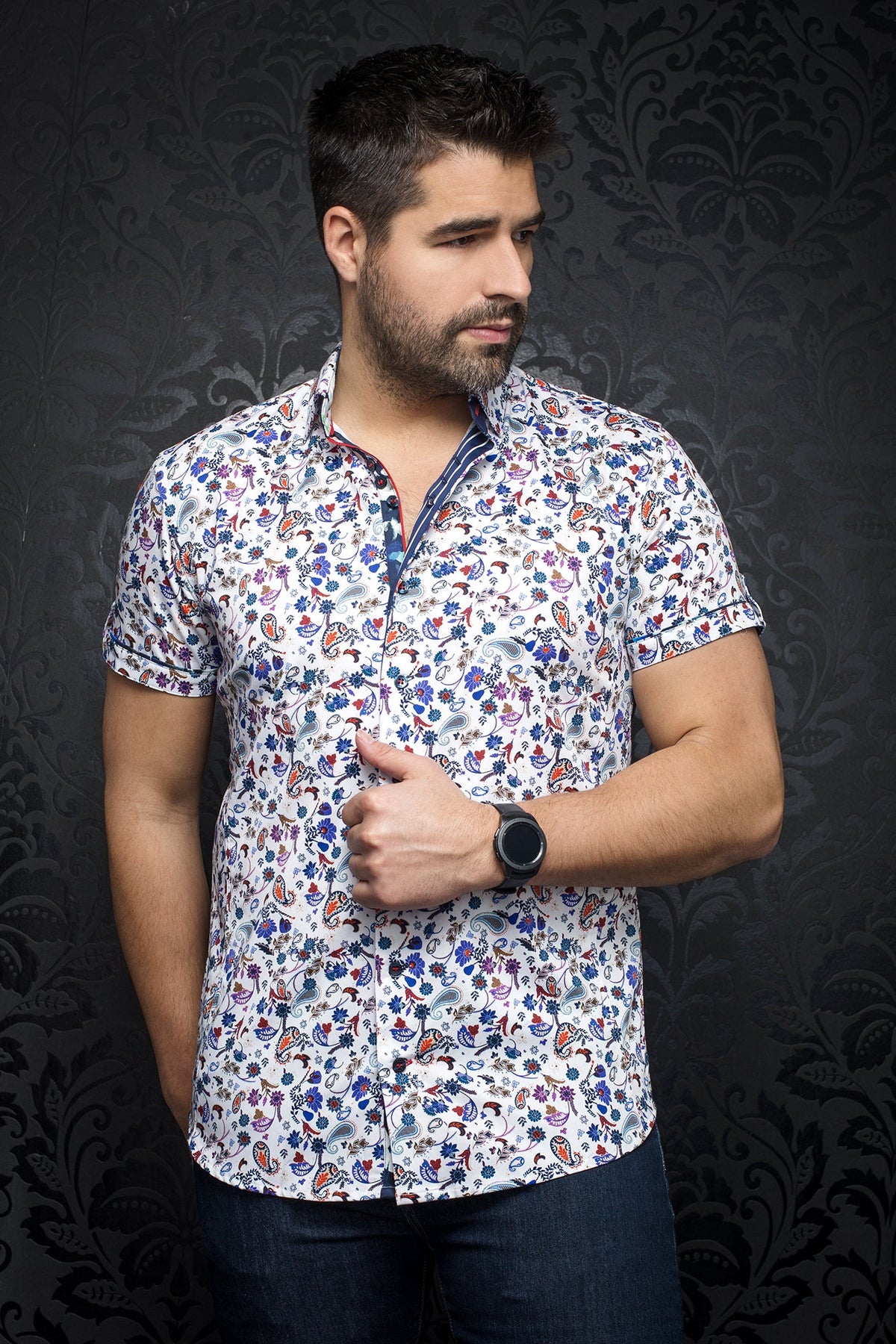 Chemise manches courtes pour homme par Au Noir | CARLOS (SS) blue multi | Machemise.ca, inventaire complet de la marque Au Noir