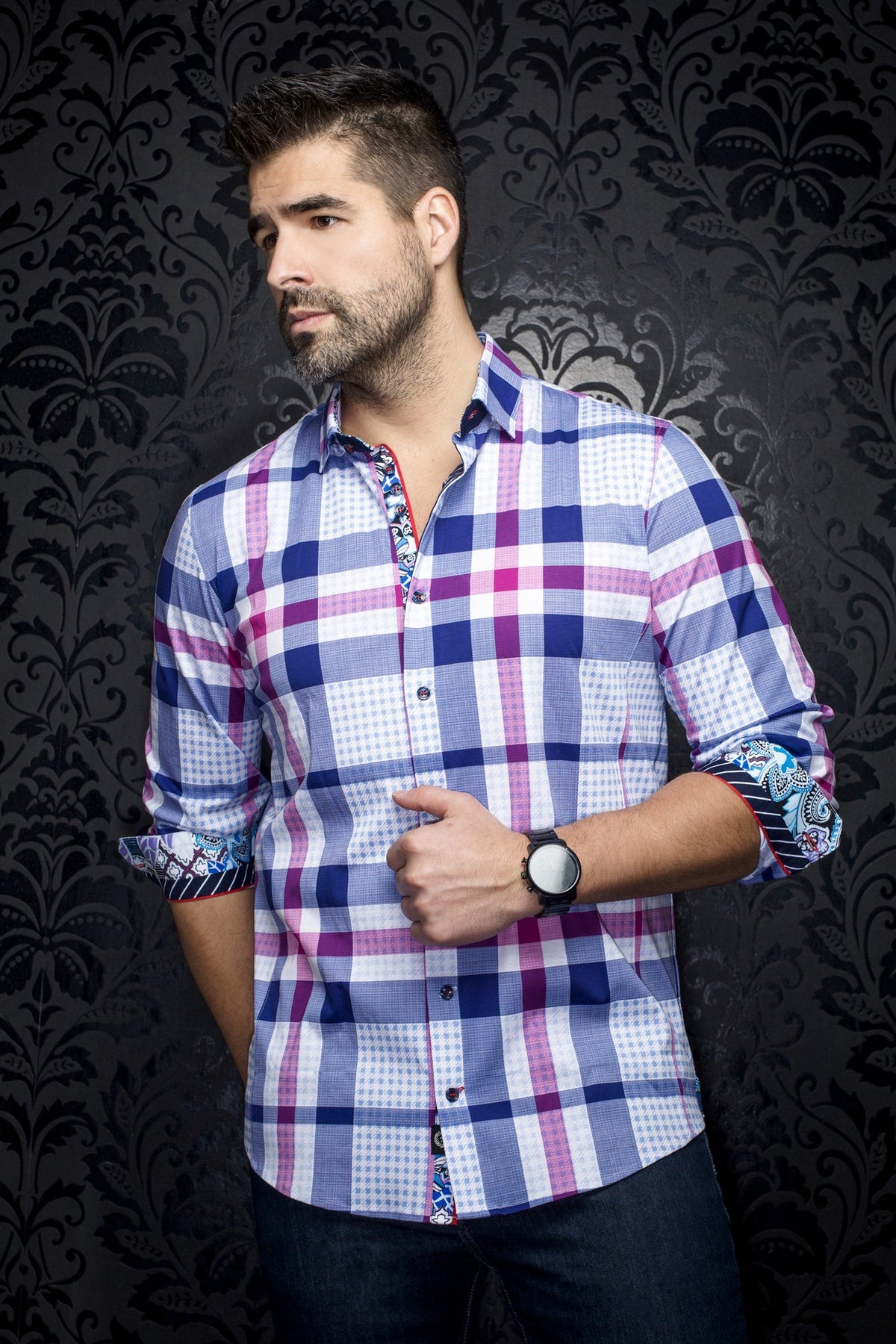 Chemise manches longues en Knit pour homme par Au Noir | DEBUSSY Blanc Fuchsia | Machemise.ca, inventaire complet de la marque Au Noir