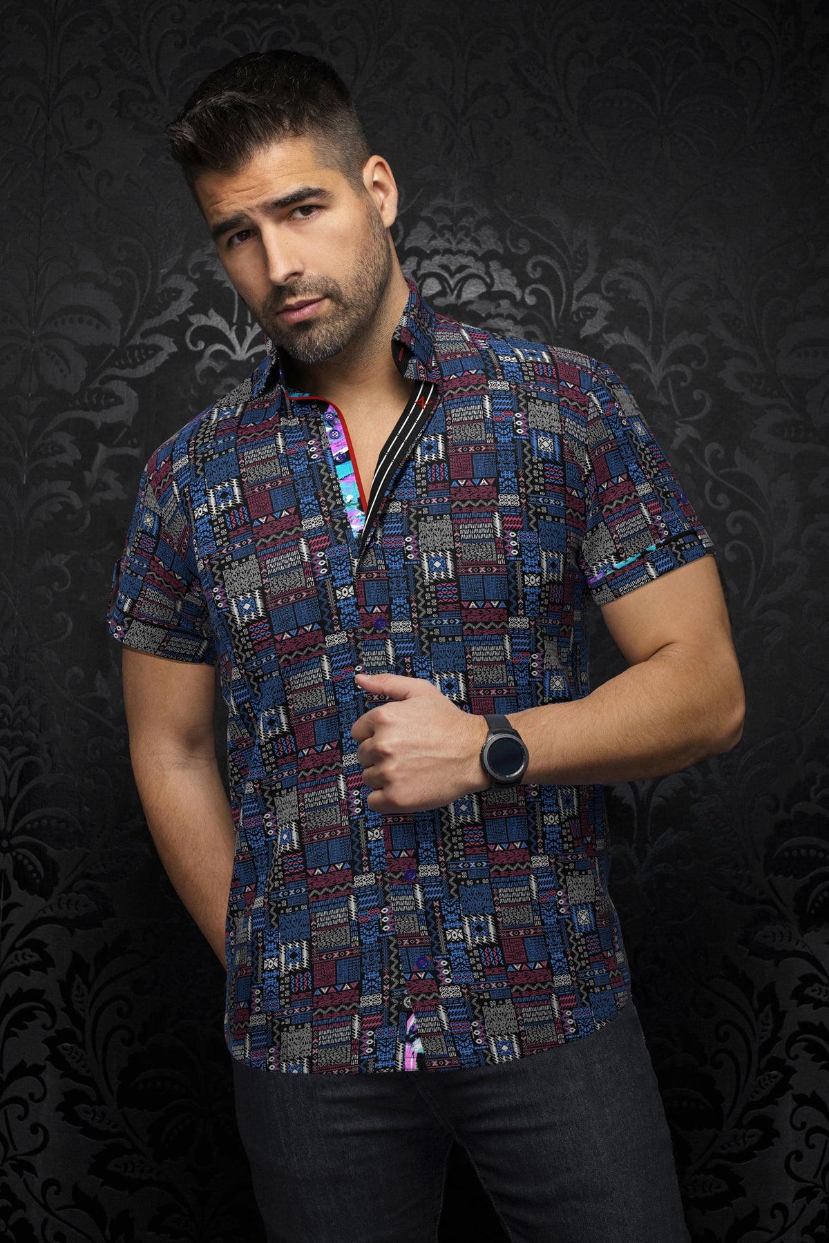 Chemise manches courtes pour homme par Au Noir | FINLAY(SS) Noir Multi | Machemise.ca, inventaire complet de la marque Au Noir