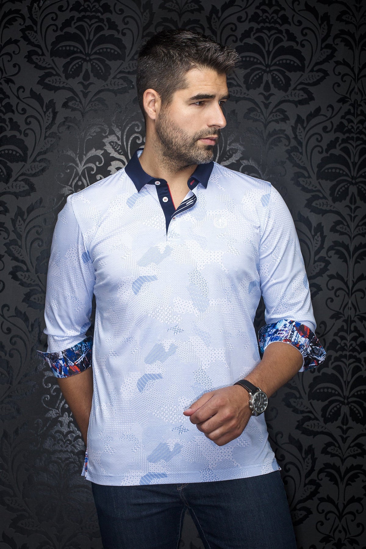 Polo manches longues pour homme par Au Noir | FRONTENAC Blanc Bleu | Machemise.ca, inventaire complet de la marque Au Noir