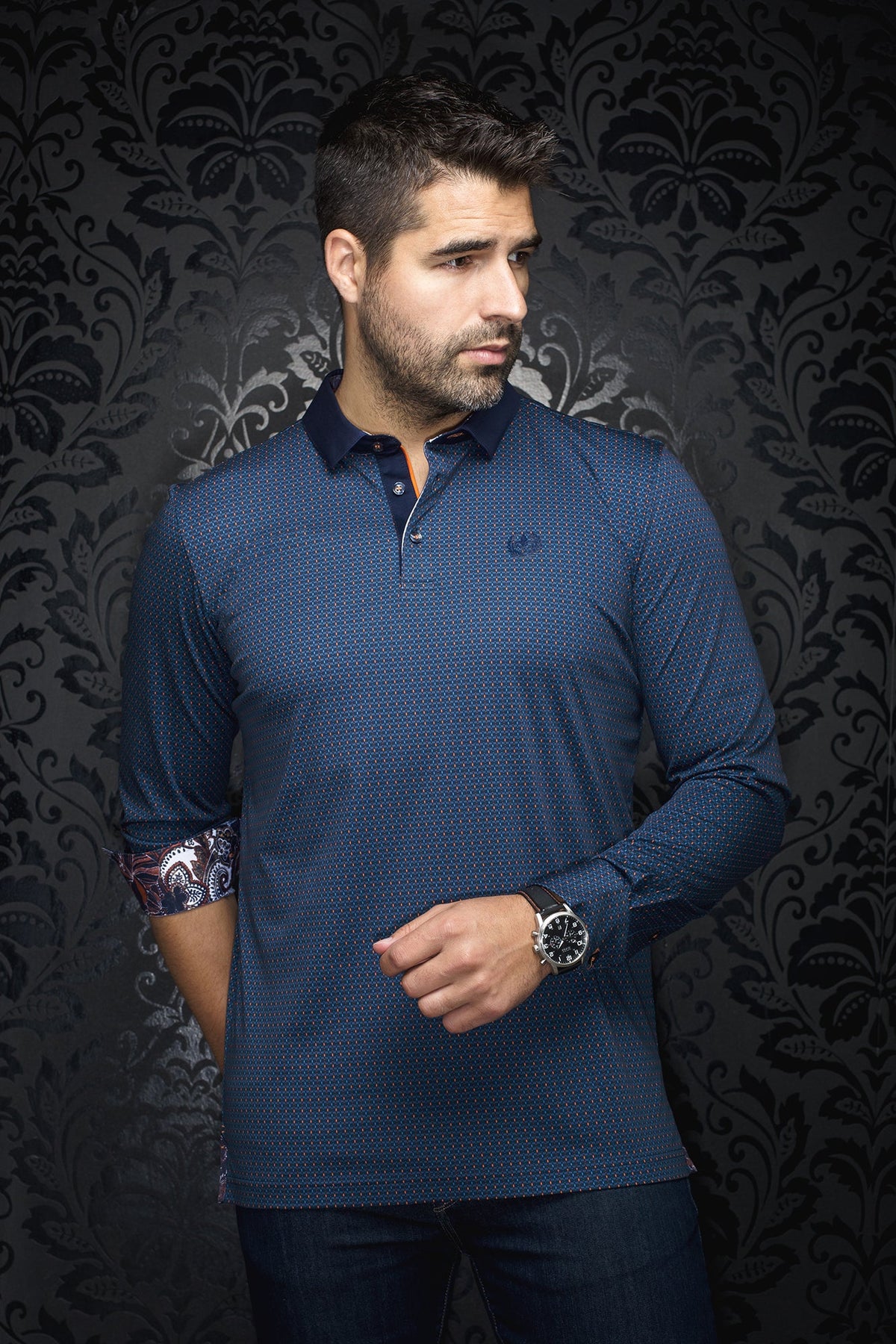 Polo manches longues pour homme par Au Noir | PATRONN Marine Orange | Machemise.ca, inventaire complet de la marque Au Noir