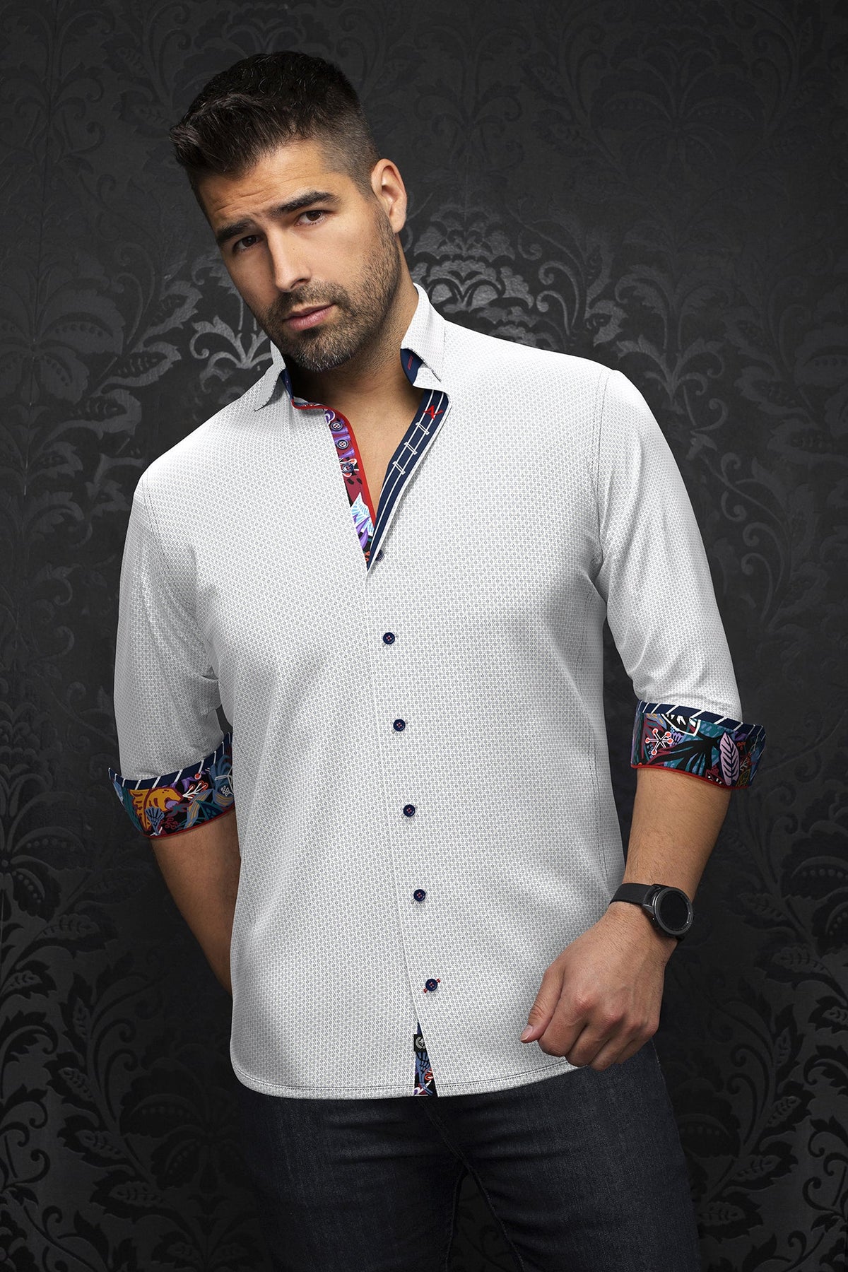 Chemise manches longues en Knit pour homme par Au Noir | RIOJA Blanc Cobalt | Machemise.ca, inventaire complet de la marque Au Noir